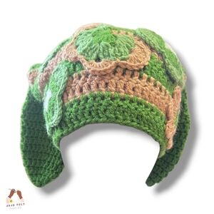 "Bunny Ear" Beanie, Handmade Crochet, Green/Brown, OneSize